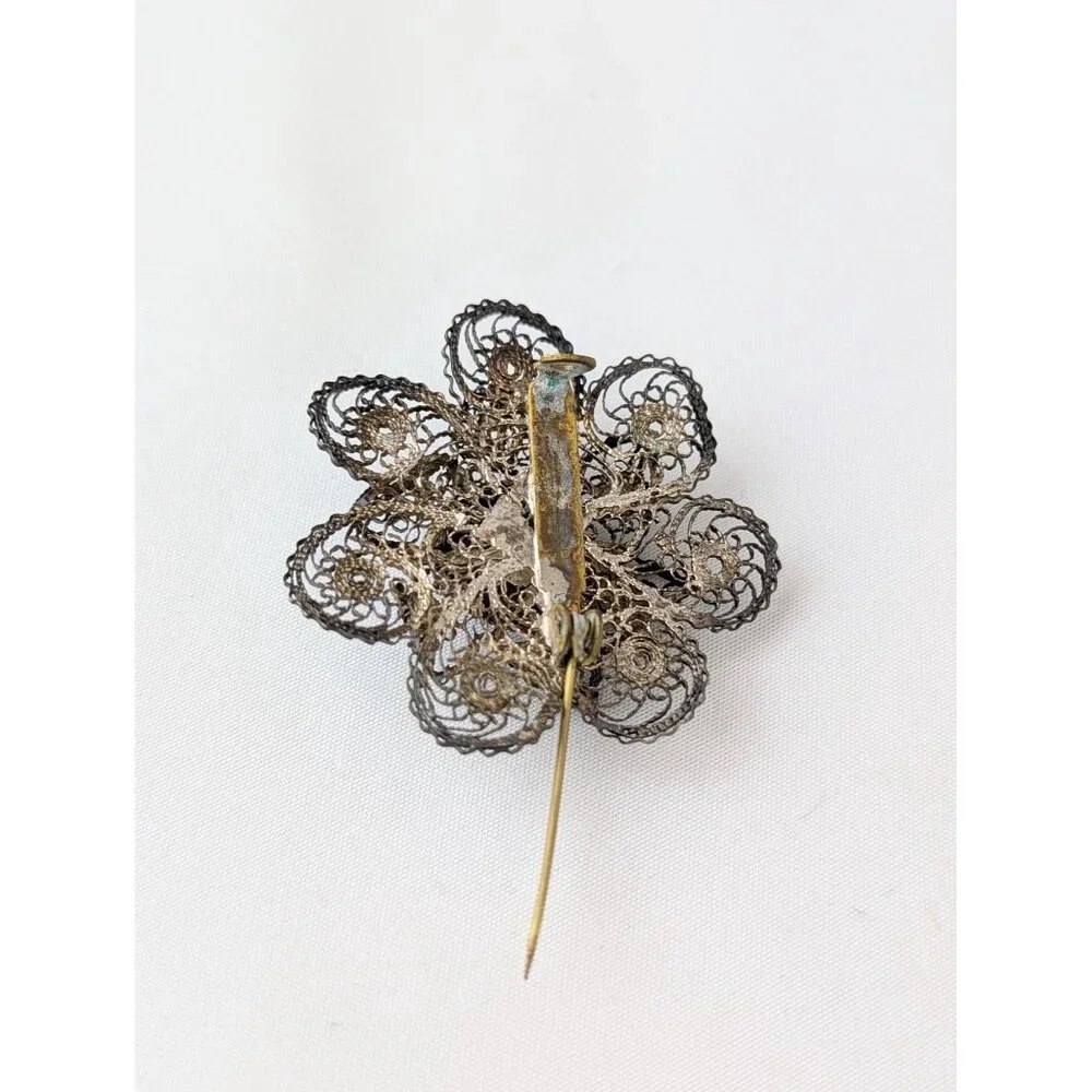 Antique 1900s Sterling Silver Filigree Brooch Hand-painted Enamel Edwardian Era - Picture 6 of 7